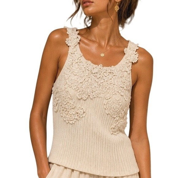 Anthropologie Tops - Anthropologie Lace Applique Ribbed Tank Top Cream Ivory High Neck XS Slim Fit